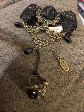 Black Lace Rose Bracelet with Connecting Ring.  Antique Brass Accents